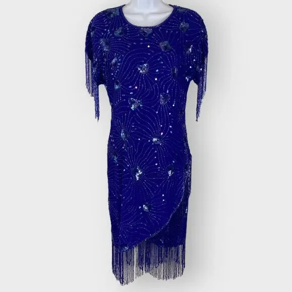 Stenay Womens Evening Silk Dress | 8 | Sequin Beaded Fringe | Royal Blue - Picture 1 of 16